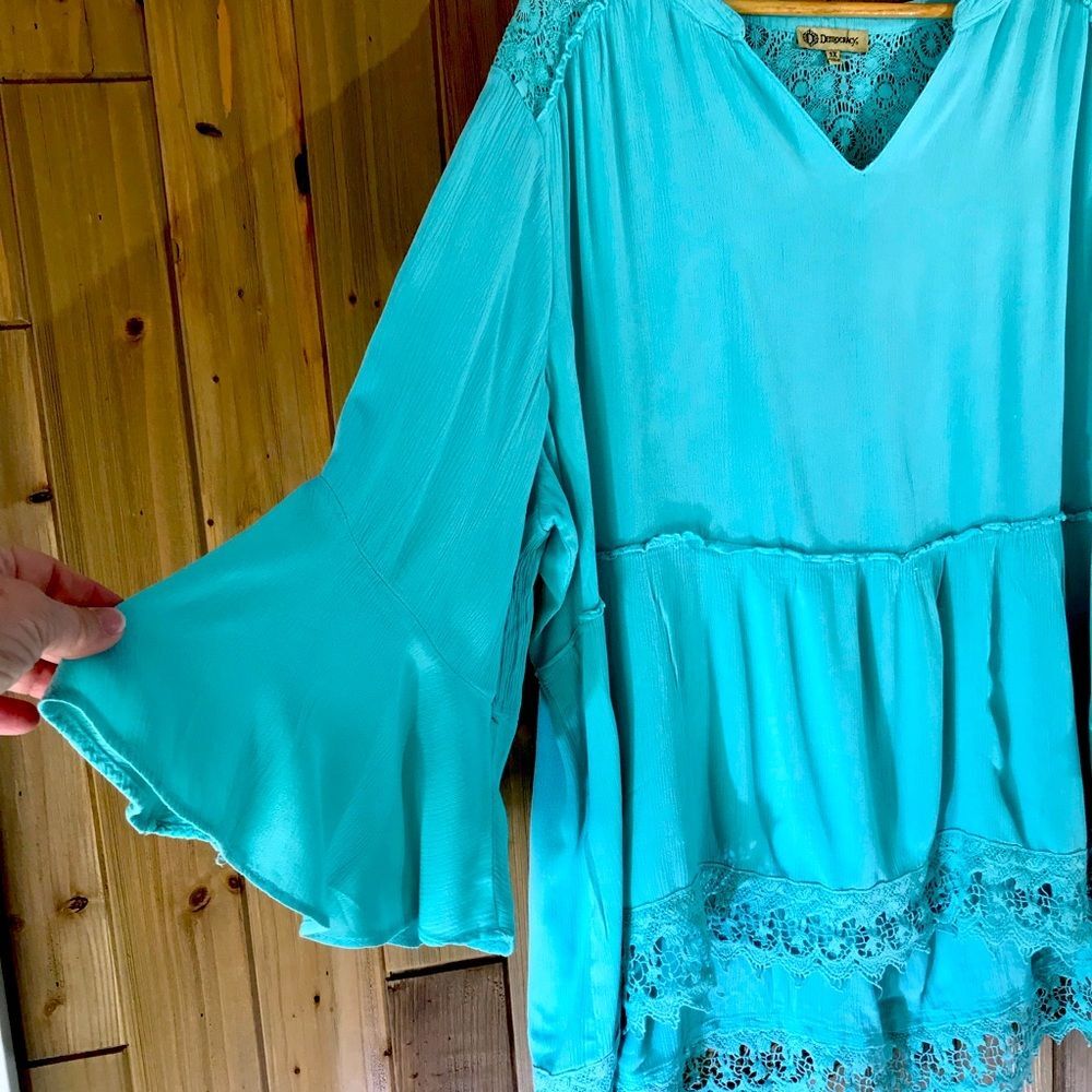 Democracy Womens Tunic Blouse Teal Top Lace 3/4 Sleeve Size 3X - Picture 6 of 16